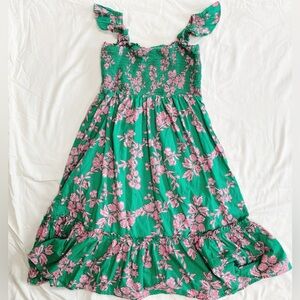 Crewcuts J. Crew Girls Midi Dress Green & Pink Floral Smocked Ruffles Sleeveless